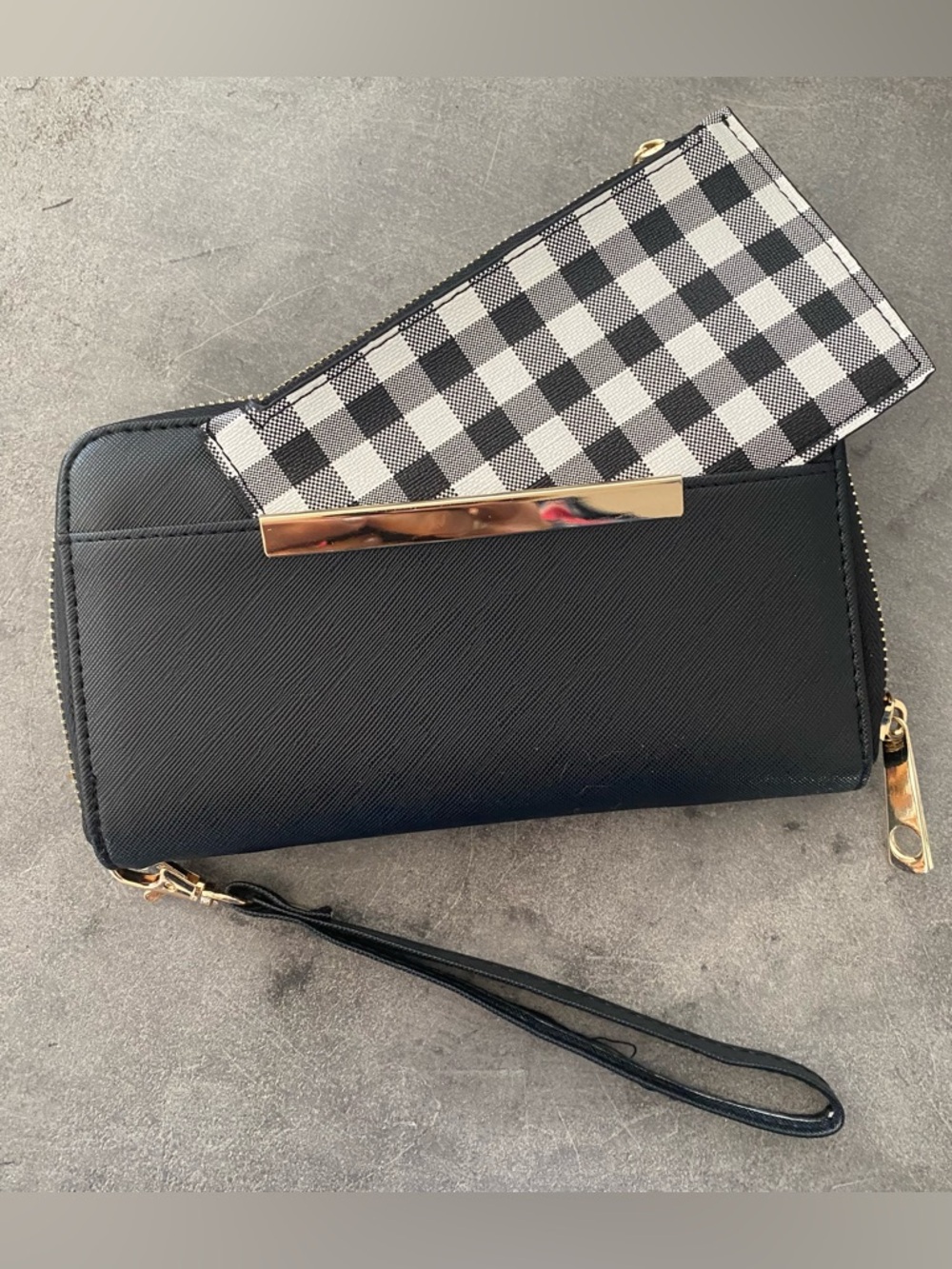 Black Wallet Wristlet with Plaid Accent